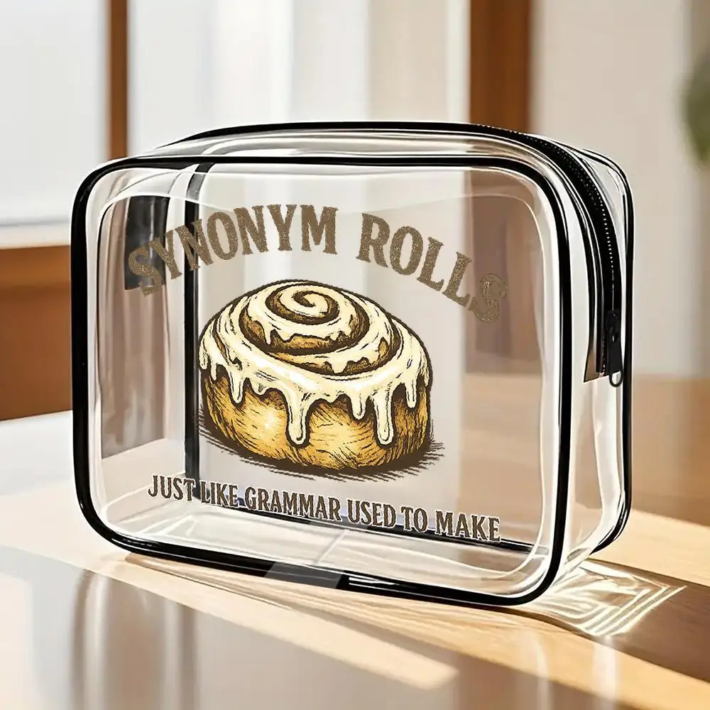 

Cosmetic Bag Cinnamon Roll Typographic Clear Zippered Cosmetic Bag Humorous Grammar Pun Design Portable Travel Toiletry Organize