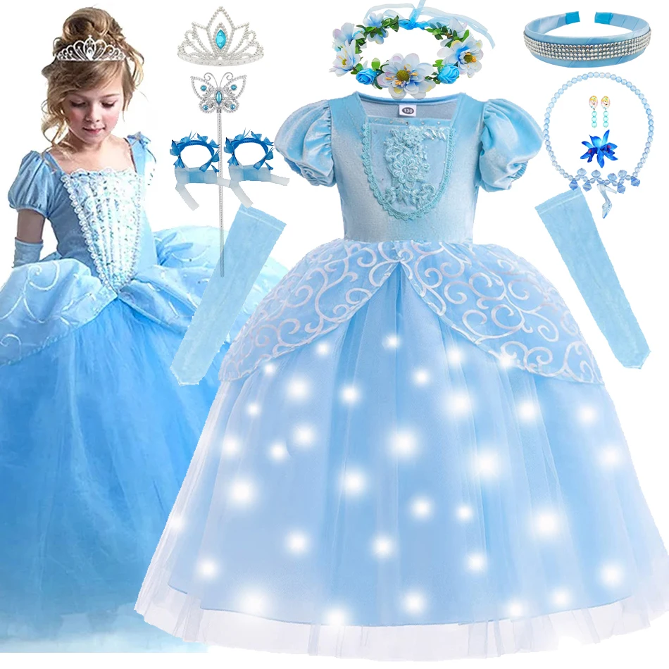 Girls Cinderella Cosplay LED Dress Up Clothes Girl Christmas Halloween Party Princess Light Costume Kids Birthday Wedding Gown