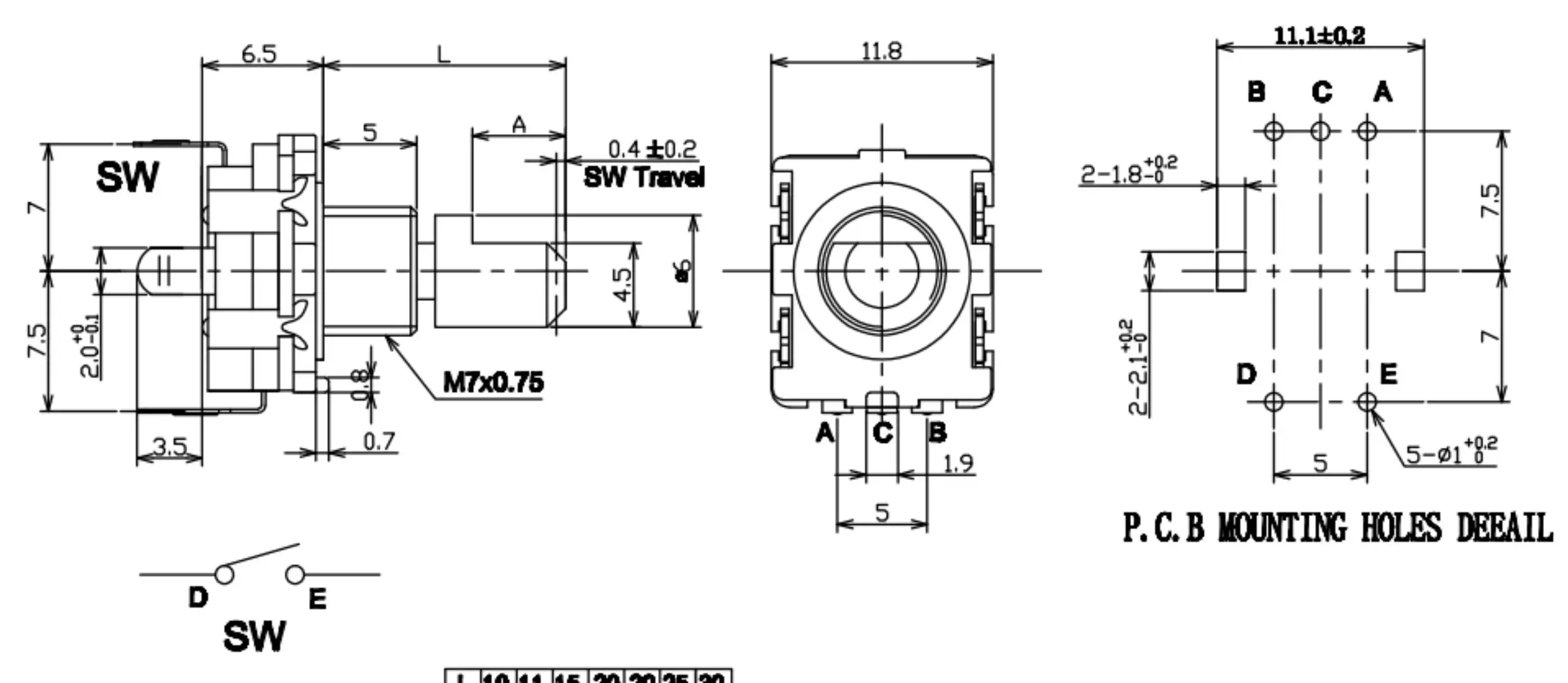 EC11-Drehgeber, Codierschalter, EC11-Digitalpotentiometer mit Schalter, Griff mit fünf Pins, Länge 20 mm, 15 mm. – Detail 3