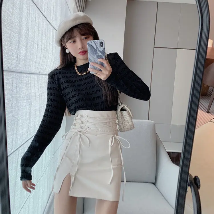 Harajuku Punk Gothic Black High Waist Black Skirts Women Sexy PU Bandage Mini Skirt Female Streetwear Black Skirt