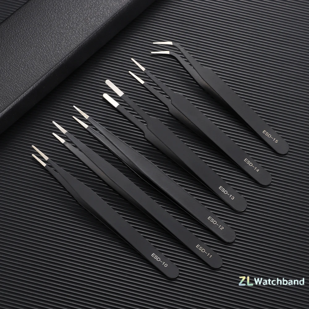 Watch Repair Tools ESD Anti-Static Stainless Steel Tweezers Clamping Tool Straight Bend for 6pcs/Set Watchmaker Accessories Tool
