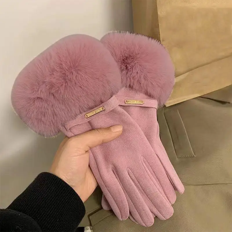 Fashion Women Gloves Autumn Winter Cute Furry Warm Mitts Full Finger Mittens Female Outdoor Sport Cycling Gloves