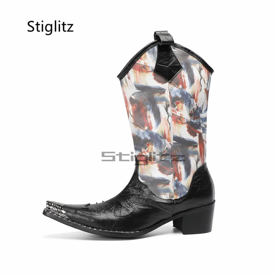 Męskie buty jeździeckie ze skóry bydlęcej z haftem, luksusowe nadruki graffiti, metalowe szpiczaste noski, wysokie obcasy, wsuwane botki Chelsea, buty wizytowe.