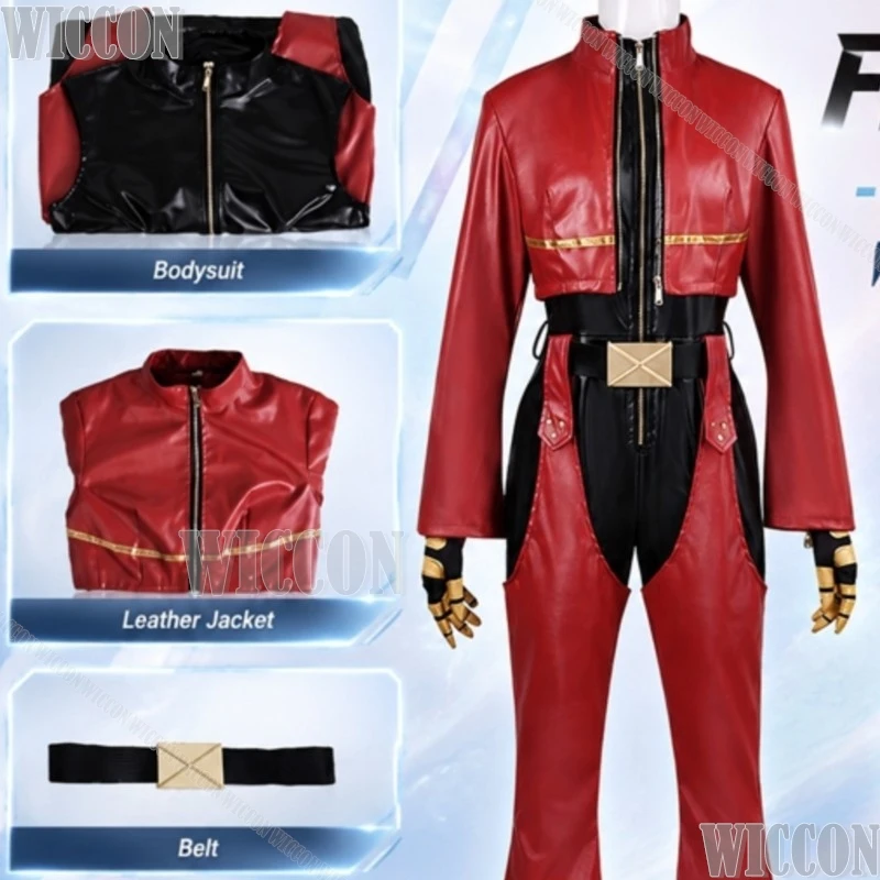 Disfraz de Kula Diamond de KOF, Chaqueta Corta Roja Estilo Punk, Pantalones, Mono, Peluca Azul, para Halloween, Navidad, Festivales, Comic Con