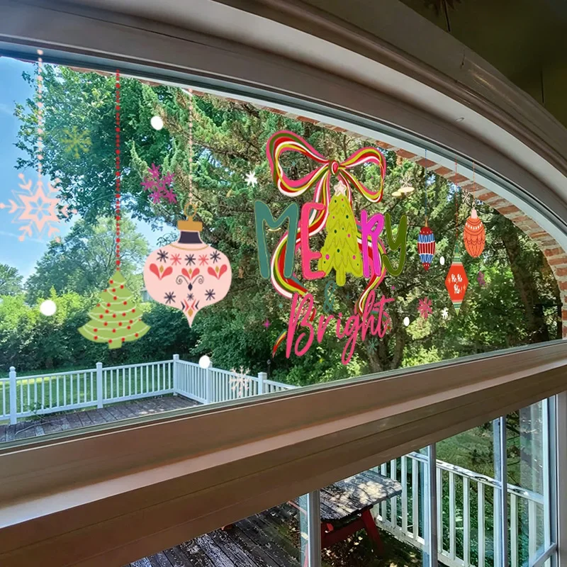 Christmas Ball Ornament Bow Static Glass Sticker Removable Snowflake Decals for Window Car Window Microwave Oven
