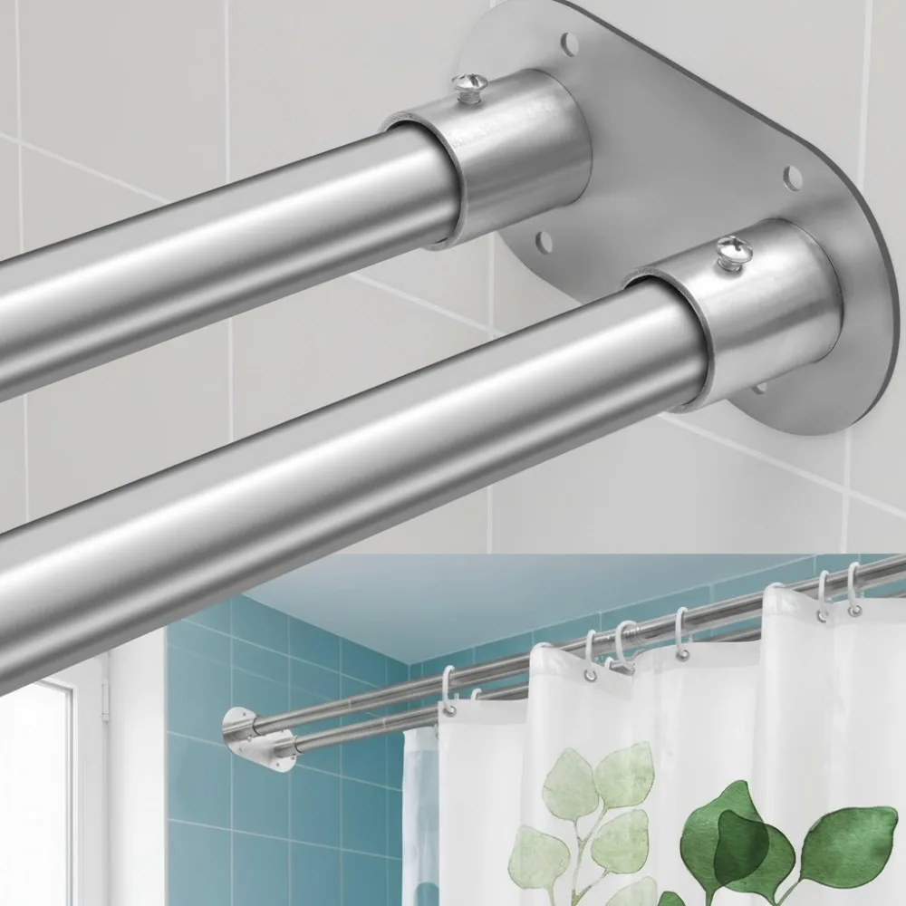

Adjustable Double Shower Curtain Rod 28-75" Wall Mounted Bathroom Organizer Silver Elegant