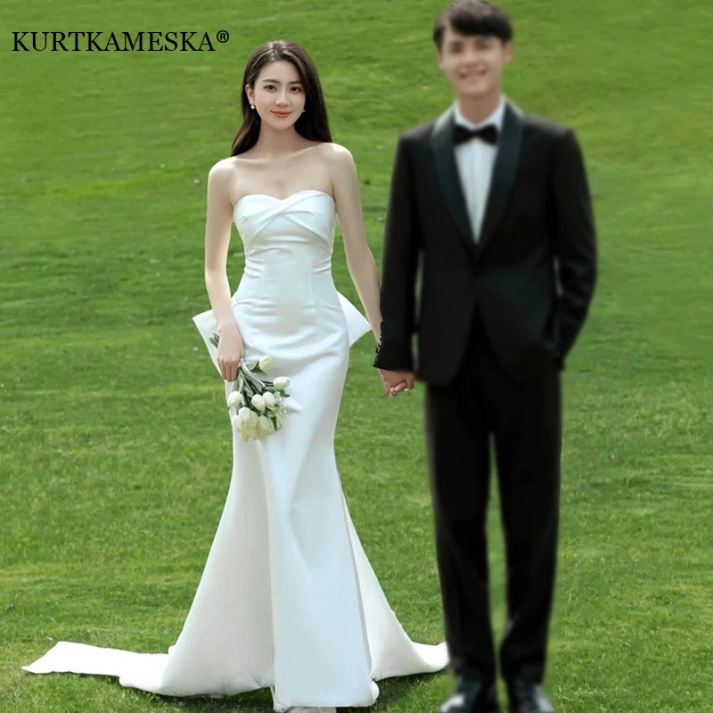 

Simple Strapless White Satin Mermaid Wedding Dress with Bow Back Floor-Length Bridal Gown for Bride Elegant Evening dresses