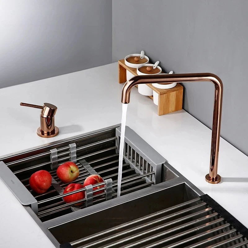 Solid Brass Double Hole Single Handle Rose Gold L-Shaped Kitchen Wash Basin Faucet Smesiteli 360 Degree Swivle Kitchen Faucet