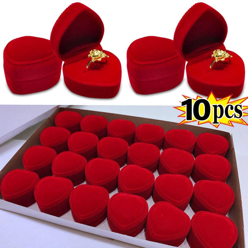 Flocking Red Heart Shape Ring Boxes Jewelry Display Cases Holder Gift Box Wedding Ring Box Counter Packaging Rings Wholesale