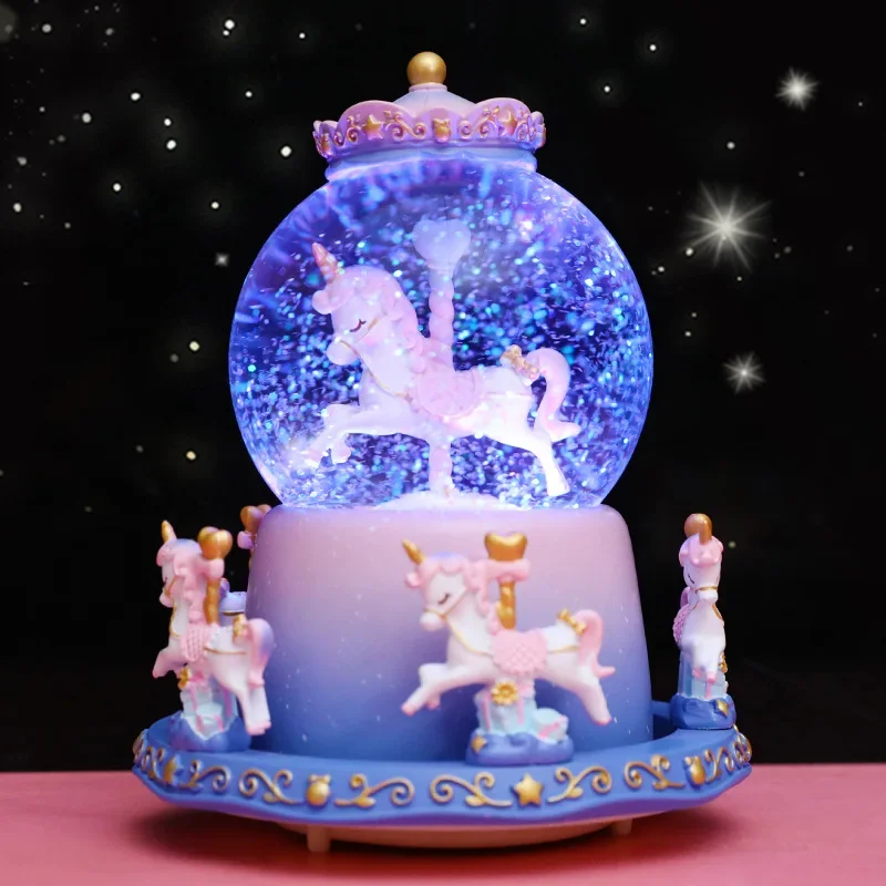 Carousel Music Box Snow Dream Crystal Ball Eight Tone Box Glass Resin Home Decoration Ornaments  Children'sGifts Birthday Gifts