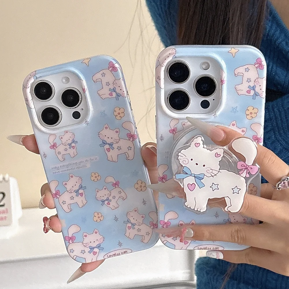 

Новый корейский чехол для телефона с милым мультяшным принтом в виде звезды и кошки для iPhone 16 15 14 13 Pro Max, защитный чехол с магнитным держателем