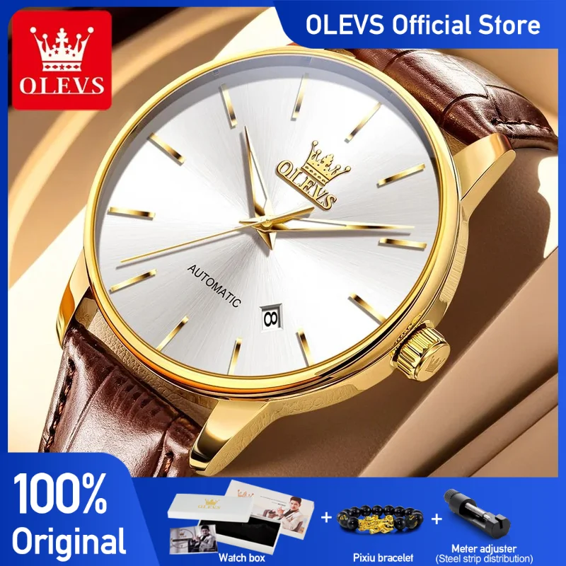 

OLEVS 6725, мужские часы, деловые простые автоматические механические наручные часы, водонепроницаемые часы с кожаным ремешком для мужчин, новинка