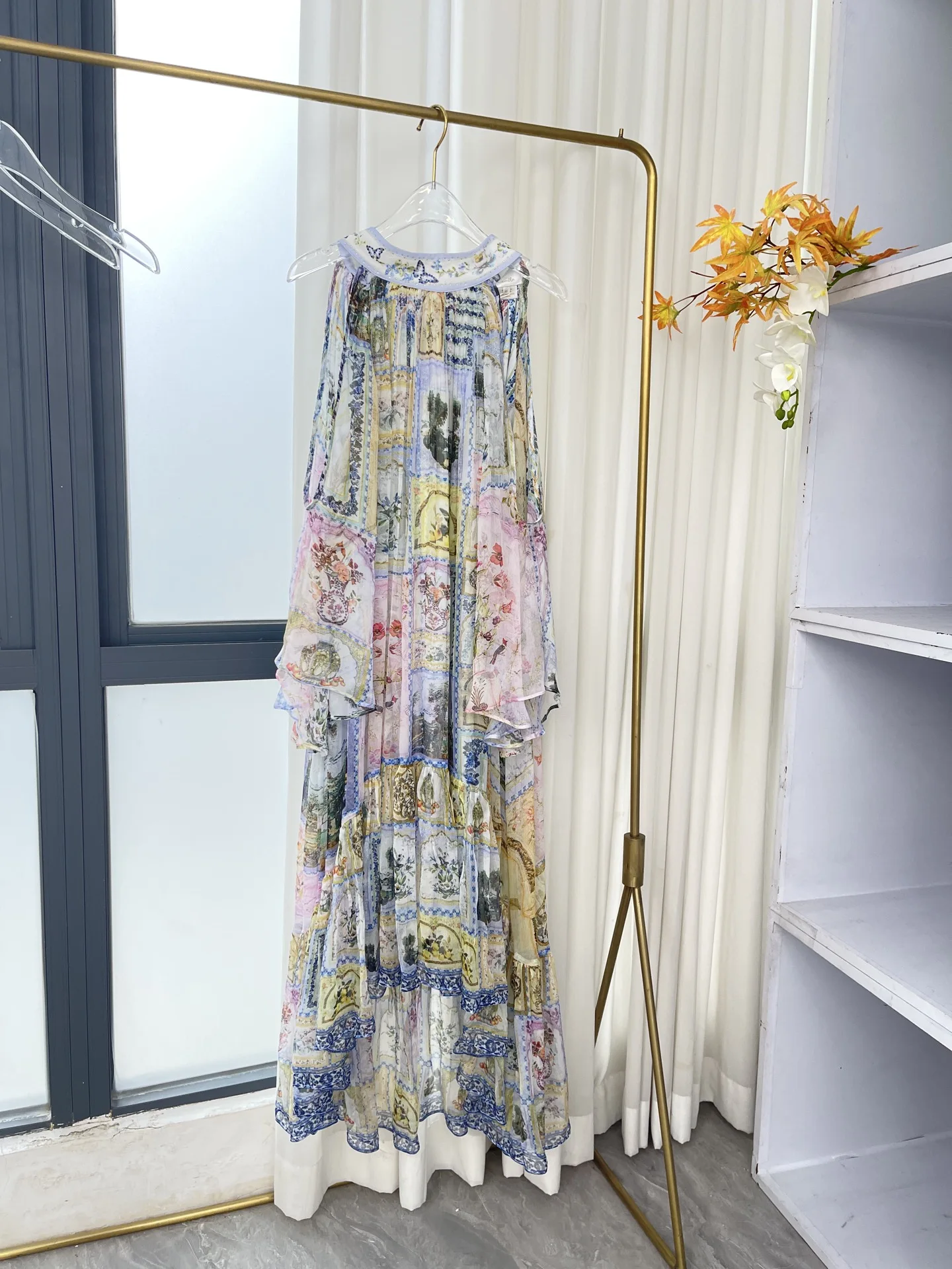 

Green Floral Print Long Sleeve Off Shoulder Midi Dress