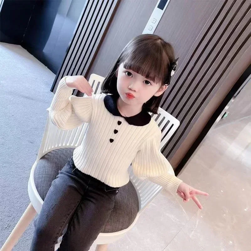 Autumn and Winter Girls Pullover Doll Neck Patchwork Button Screw Thread Solid Color Fashion Casual Elegant Long Sleeve Sweater