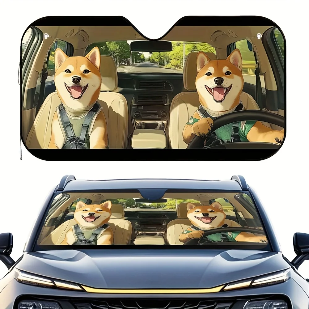 

1pc Shiba Inu Driving Fun Scenery Print Car Windshield Sunshade - Fit Front Window Sun Visor With 4 Suction Cups, Cute Dog Desig