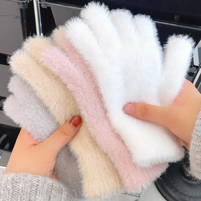 Fashion Winter Mink Velvet Five Finger Gloves Plush Warm Cold-proof Gloves Women Outdoors Cycling Solid Color Wistiti Mittens