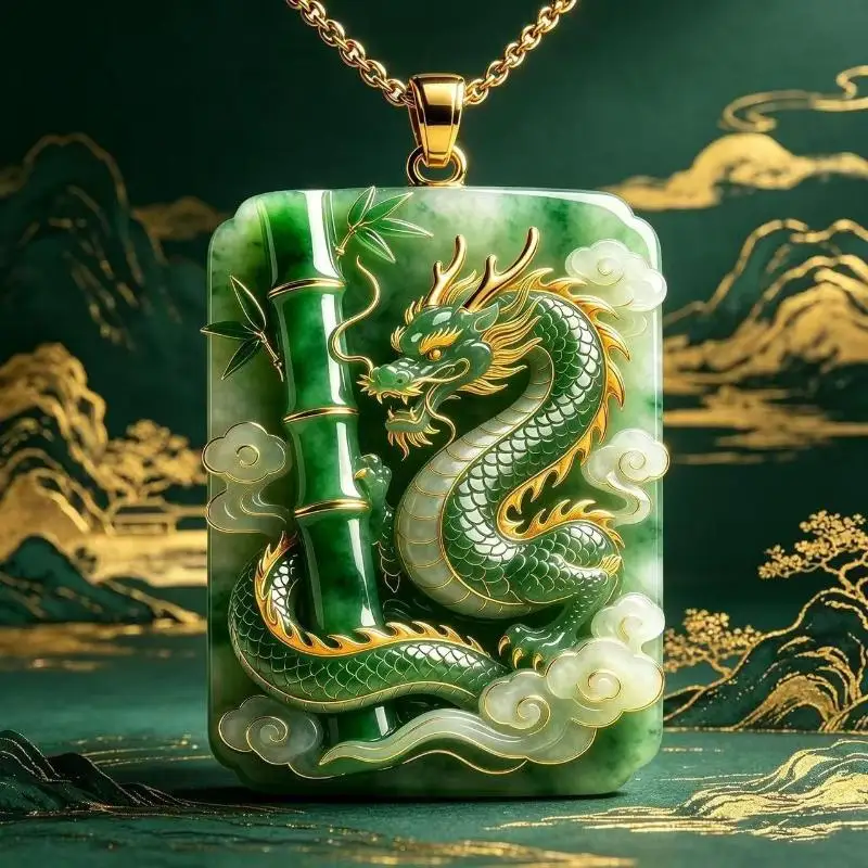 Carved Dragon Jade Pendant Necklace Bamboo Vintage: Green Square Retro Stone Dragon Pendant