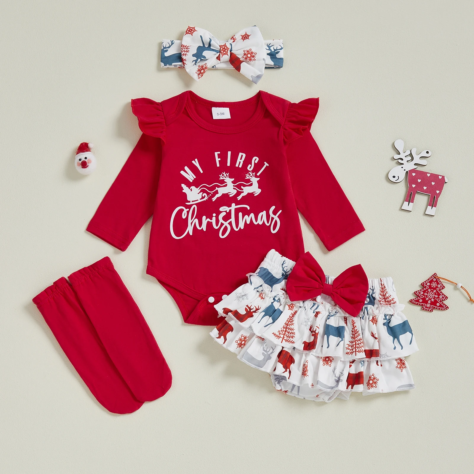 

Baby Girl Christmas Outfit Gingerbread Print Romper Tiered PP Shorts Leg Warmers and Headband Sets