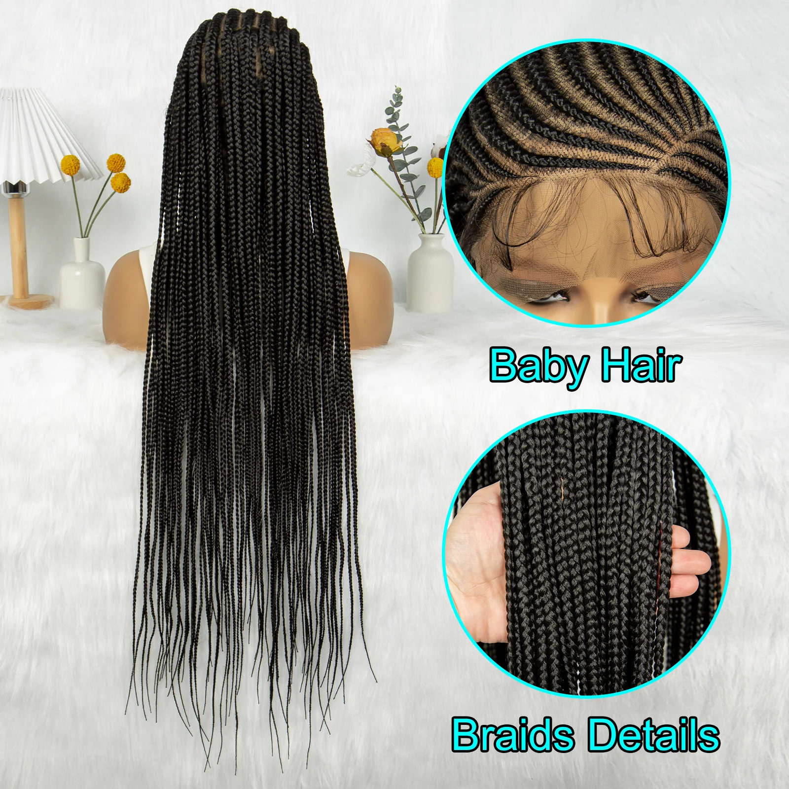 KIMA Synthetic Cornrow Box Braided Wig Full Lace Wigs Fulani Stitch Braids with Baby Hair for Black Women