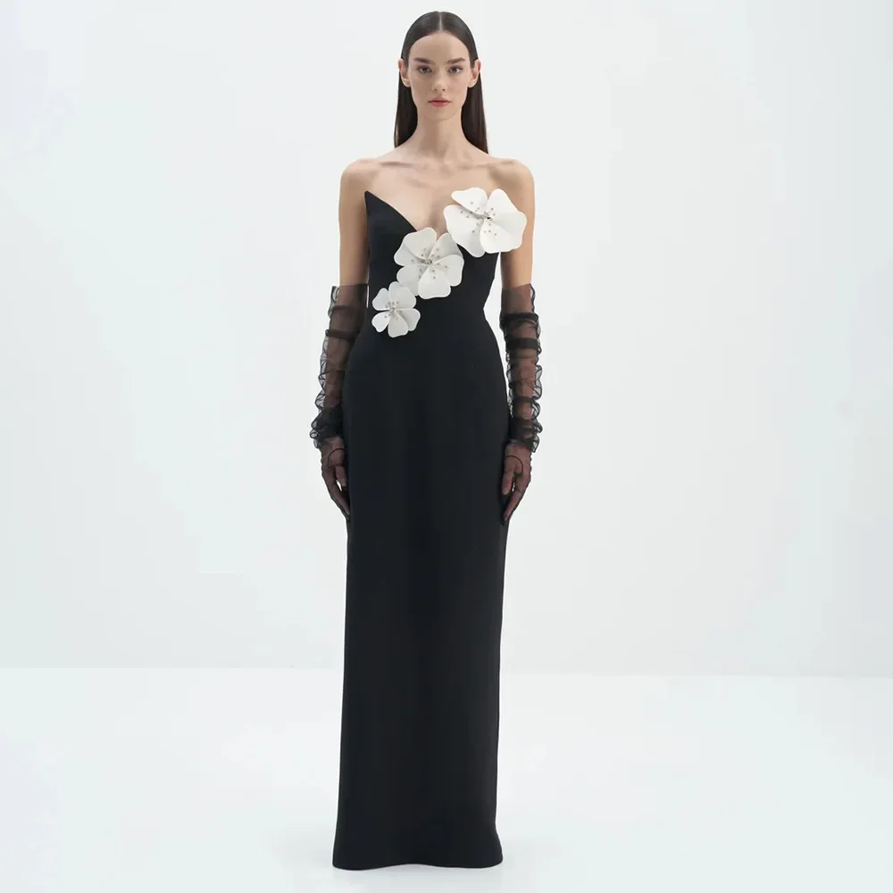

2024 Spring Summer Black Tubular Top New Flower Core Split Shoulder Design Long Dress Women's Dress