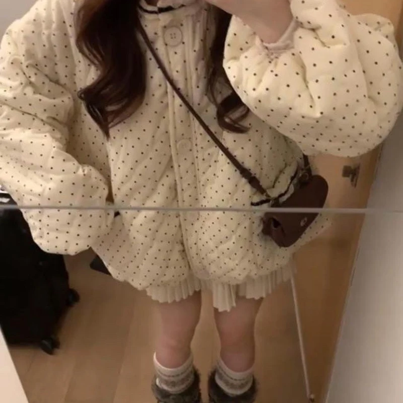 Sweet Corduroy Buttons Parkas Women Cute Dot Lace Patchwork Loose O Neck Coats Winter Puff Sleeve Soft Warm Kawaii Outwear New