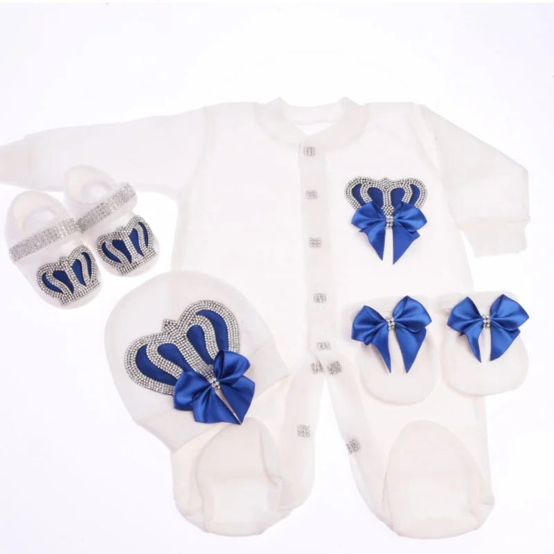 Baby Footed Romper Newborn 0-9 Months 4Pcs White Royal Blue Silver Crown Bow Royal Boutique Baby Gift