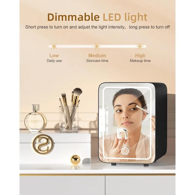 Makeup Fridge With Dimmable LED Light Mirror, 4L Mini Fridge for Bedroom, Car, Office, Cooler&Warmer,Portable Small Refrigerator