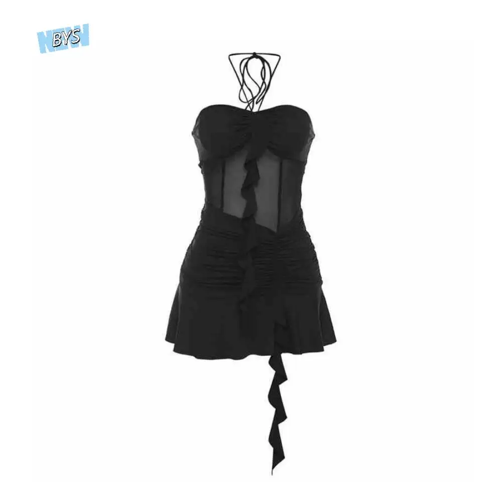 

Sleeveless Ruffle Edge Lace Dress Slim Fit Spicy Girl Women Halter Neck Dress Transparent Skirt Halter Camisole Dress