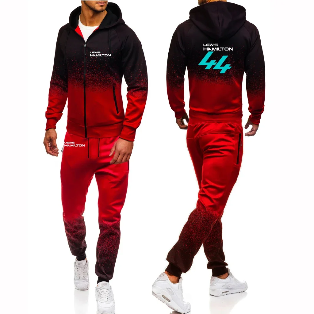 F1 Driver Lewis Hamilton Digital 44 Men's Fashion Casual Printing Jackets Zipper Gradients Color Hoodie+Pants 2 Pieces Suits