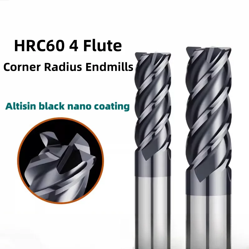 

HRC60 4Flute Black Nano Corner Radius End Mill R Bullnose Milling Cutter Tungsten Steel Round Nose Endmill Metal CNC Router Bits