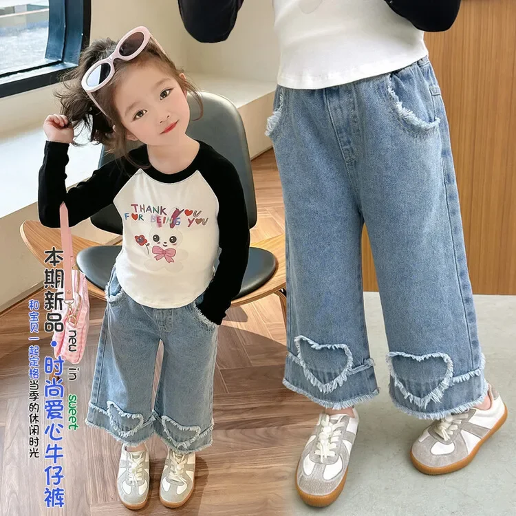 Girls jeans spring and autumn new children foreign style Korean version of loose pants girls straight leg love wide-leg pants