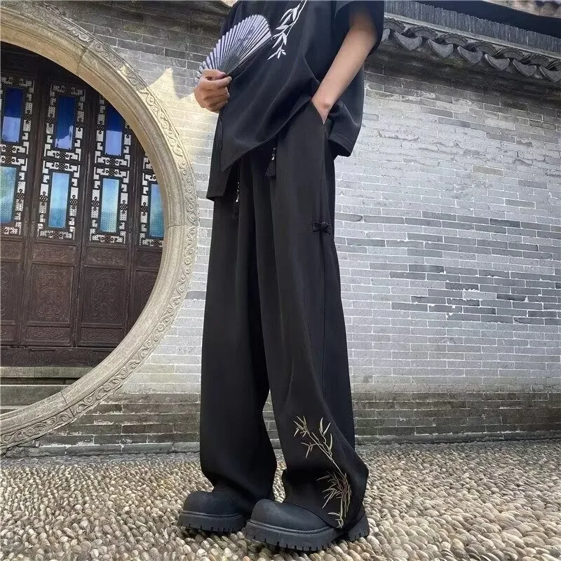 

National Style Bamboo Embroidery Men's Summer Trend Ice Silk Loose Wide Leg Straight Pants