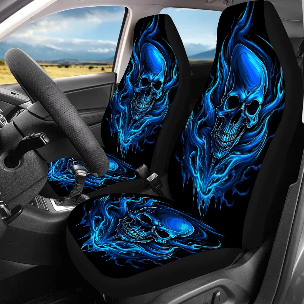 

Fit Skull & Flame Design Car Seat Covers - Durable Canvas With Sponge Padding, Non- Fabric, Blue Flame Pattern For Enhanced Comf