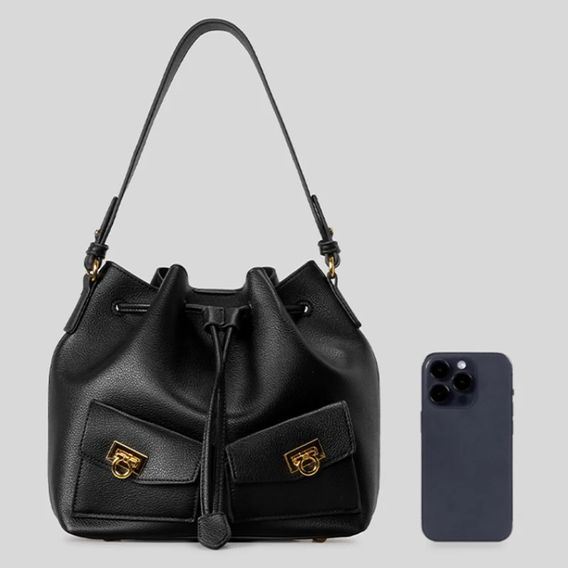

Multi-pocket Bucket Bag For Women, Retro Drawstring & Soft Pleated Design Handbag Large Capacity Shoulder Bag With Gold Lock