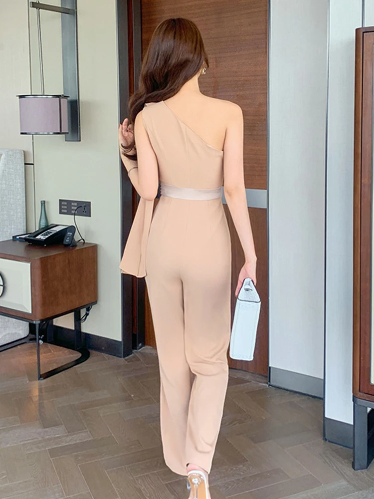 Summer Long Jumpsuit Women Elegant Chic Sexy Khaki One Shoulder Ribbon Slim Pants Monos Mujer Holiday Party Streetwear Rompers