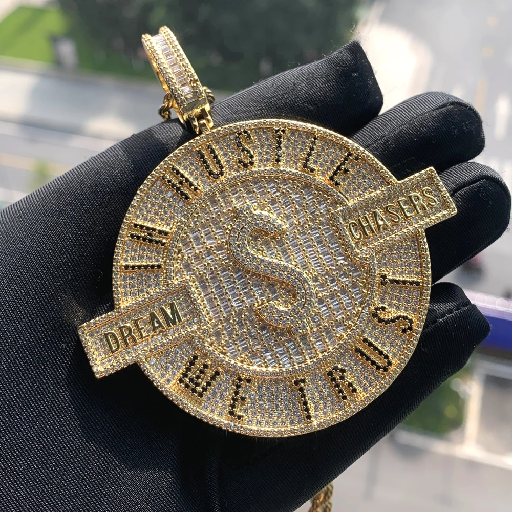 Iced Out We Trust In Hustle Money Dollar Dream Chasers Pendant Necklace Hip Hop Men Paved 5A CZ Bling Jewelry