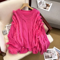 JSXDHK Luxury High Qulaity Women Loose Pullovers Jumper Autumn Winter Rabbit Fur Patchwork Knitting Thick O Neck Sweater Ladies