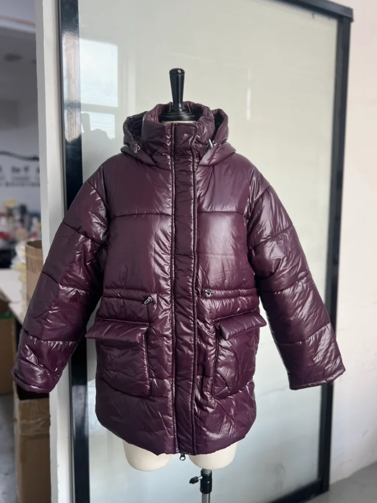 Burgundy Down Jacket Women Belts Cotton Single Breasted Zipper Warm Coat Female 2025 Winter Pocket Long Sleeve Lady Outerwear