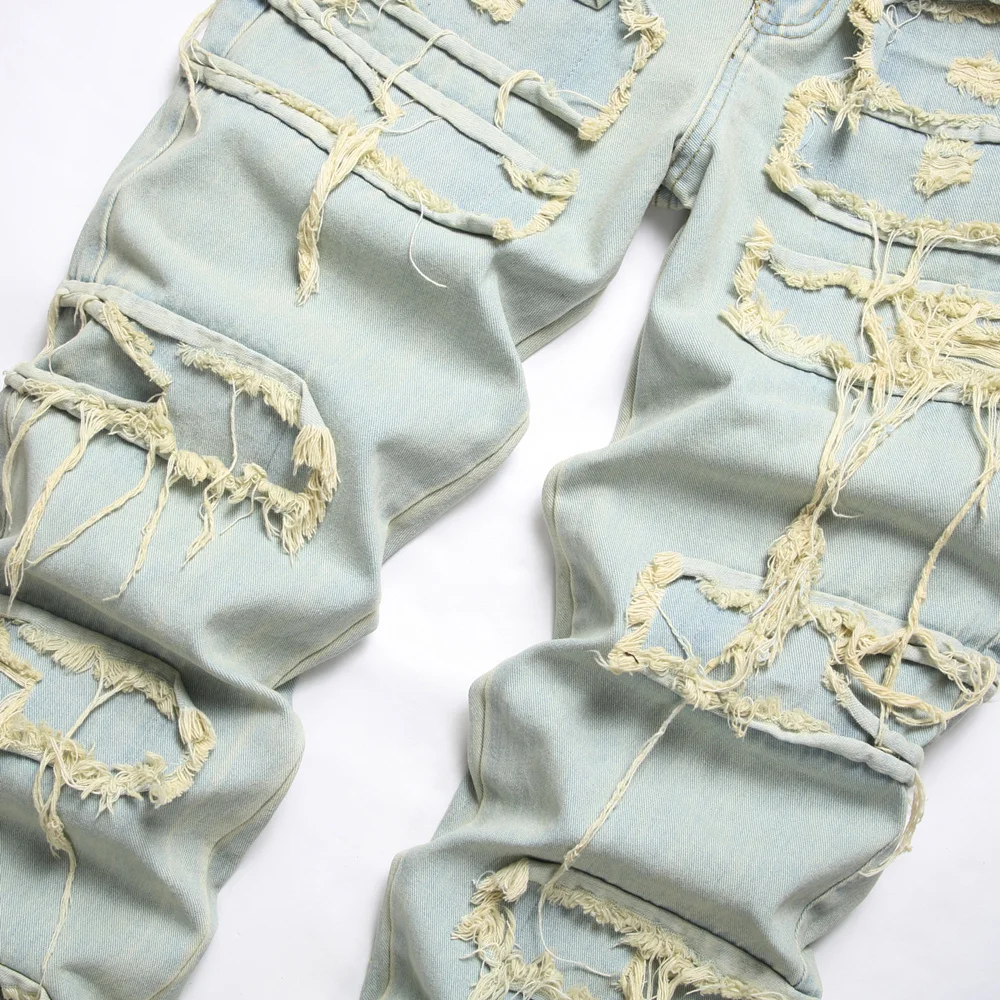 남성용 세련된 찢어진 패치 스플라이싱 오토바이 바이커 청바지 바지, 레트로 스타일, 좋은 품질, 남성 루즈 스트레이트 데님 바지