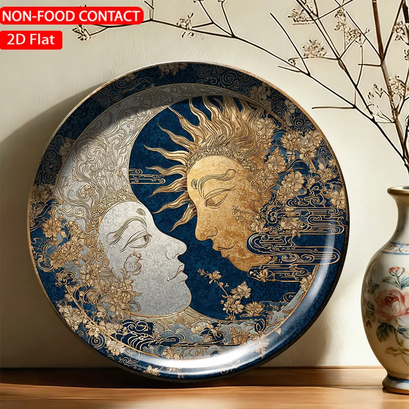 1pc FORJN Ceramic Decorative Plate with Golden Sun & Moon - Round Wall Plate Suitable, Living Room,, Elegant Non-Food Contact