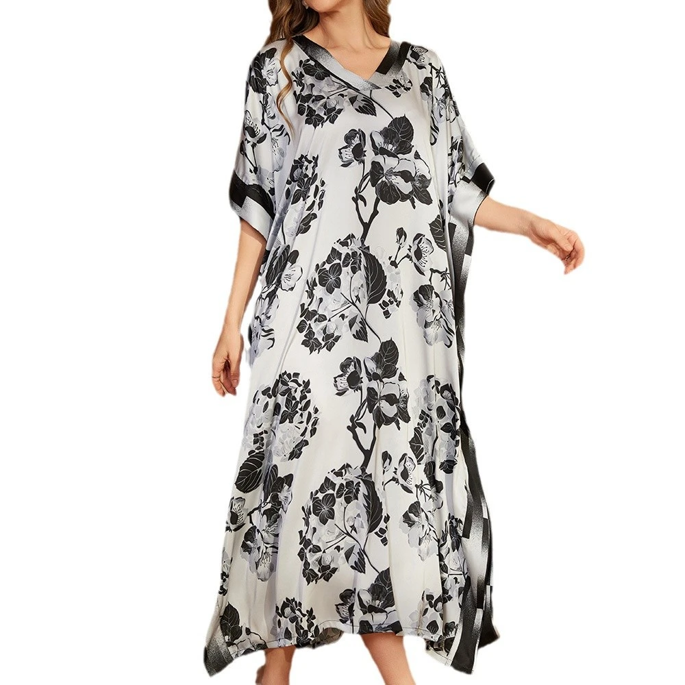 Plus Size Female Long Nightgown Loose Flower Print Nightdress Sleepwear Home Clothing Casual Silky Satin Loungewear Lingerie