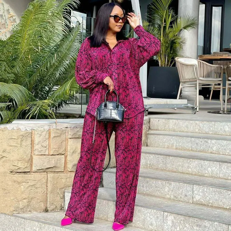 

Elegant New African Fashion Vintage Printed Women Two Piece Set Full Sleeve Loose Shirt Top And Wide Leg Pants Set