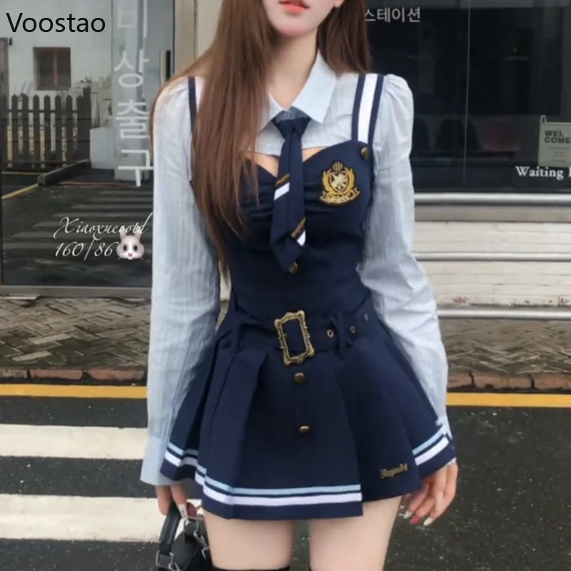 

Kawaii укороченный топ с длинными рукавами, мини-платье, костюм, осенняя униформа для девочек, наряды для косплея, корейский консервативный стиль, милые женские комплекты из 2 предметов