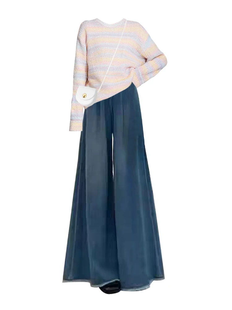 핑크 스웨터 하이웨이스트 와이드 레그 진 투피스 세트 여성용 루즈핏 겨울 패션 한국 스타일 스트라이프 탑 바지