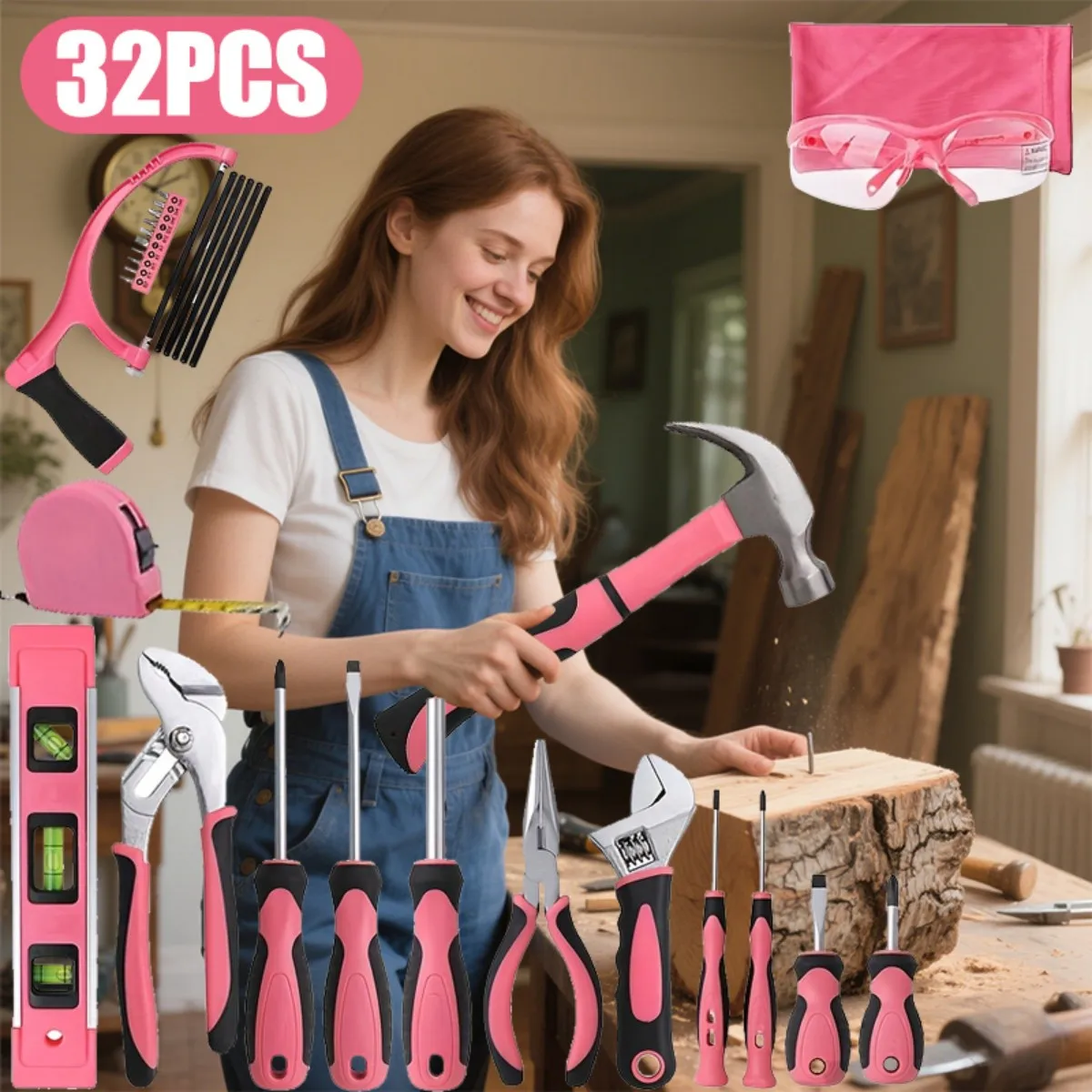 32Pcs Kotak Peralatan Pink untuk Wanita, Kotak Peralatan Tangan - Satu Set Peralatan DIY Rumah Tangga Universal. Peralatan Tangan Logam Tahan Lama untuk Wanita