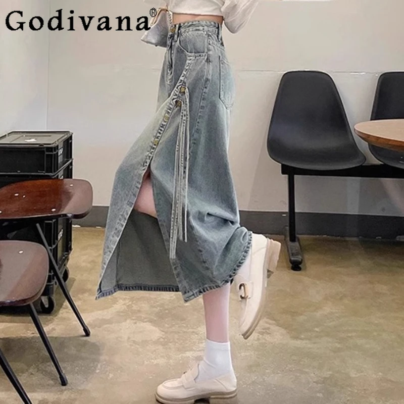 

Large Size 2XL-6XL Chinese Loose Women Autumn Split Denim Skirt Blue High Waist A-line Leisure Versatile Age Reduction Skirts
