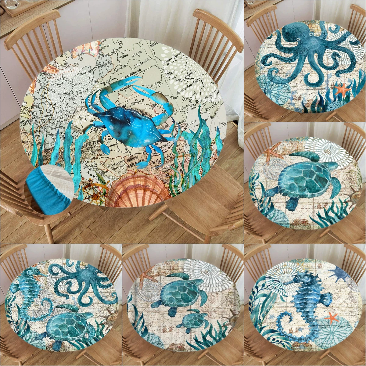 

Sea Turtle Round Tablecloth with Elastic Edge Ocean Theme Waterproof Table Cover for Kitchen Dining Table Decoration Accessories