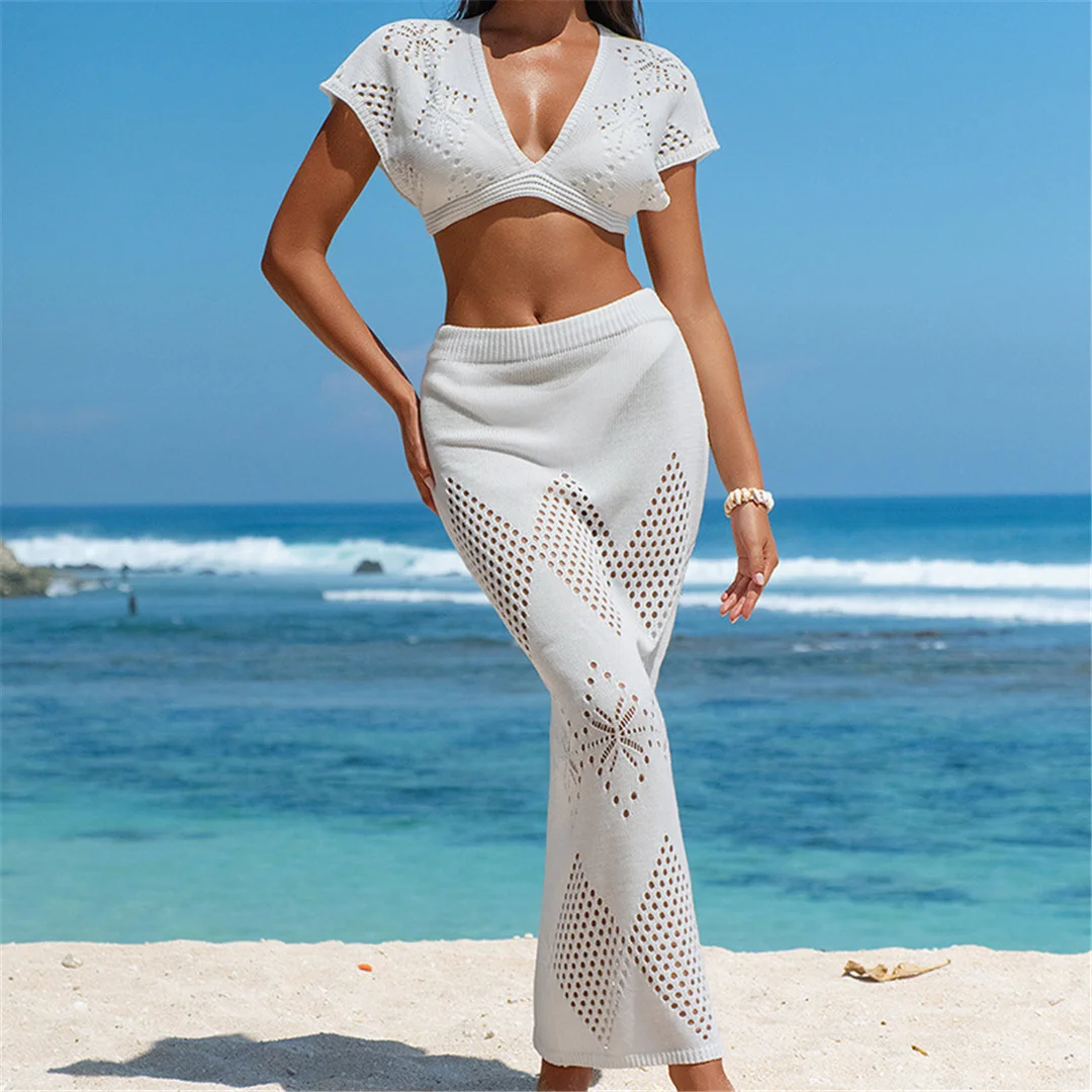 V-Ausschnitt, kurze Ärmel, gehäkeltes Strickmuster, zweiteiliges Set, Strandkleid, Strandmode, Strandbekleidung, Strandüberwurf, Damen, V6703 – Detail 7