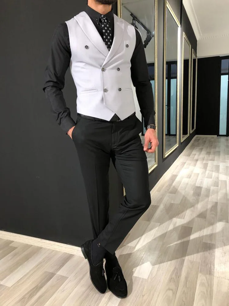 Men\'s Vest Black White Tailored Collar Double Breasted Male Gentleman Business Waistcoat Jacket Casual Slim Fit Gilet Homme Vest