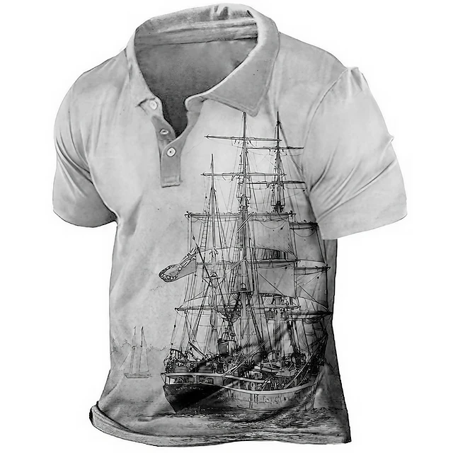 Vintage Short Sleeve Men's Polo Shirts Nautical Boat 3d Print Lapel Man Top Oversized Quick Drying Male Shirt Casual Polo Shirts